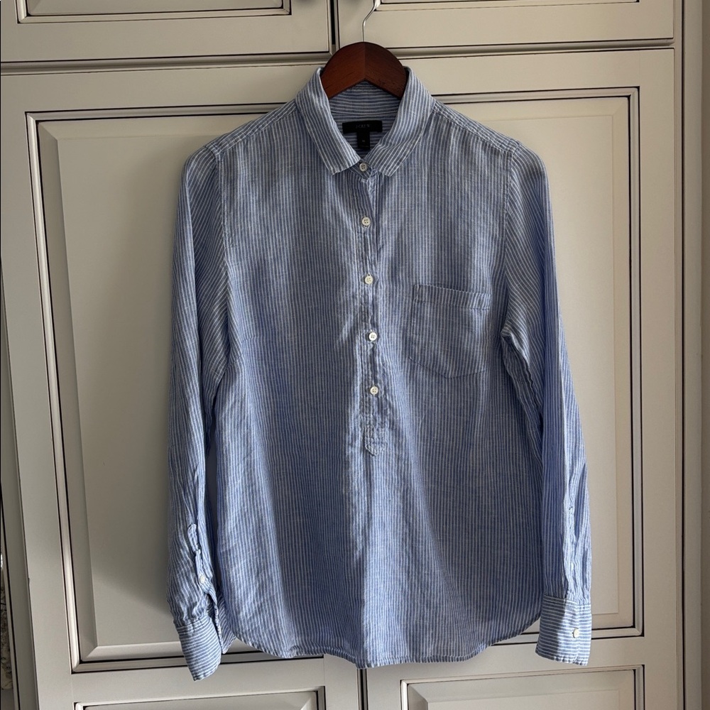 J Crew Linen Blue White Striped Pullover Long Sleeve Shirt Beach Women’s Size 10